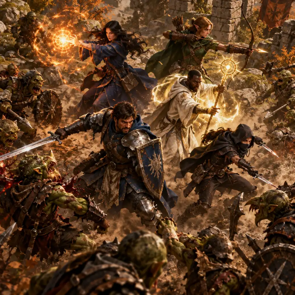 Pięciu bohaterów fantasy atakuje grupę goblinów w dynamicznej scenie walki