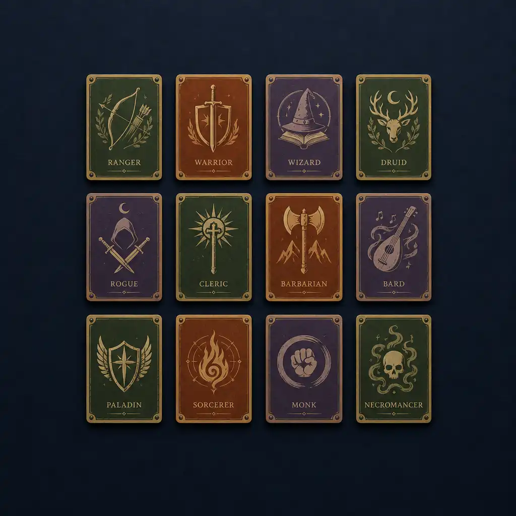 Ilustrowane karty klas bohaterów fantasy