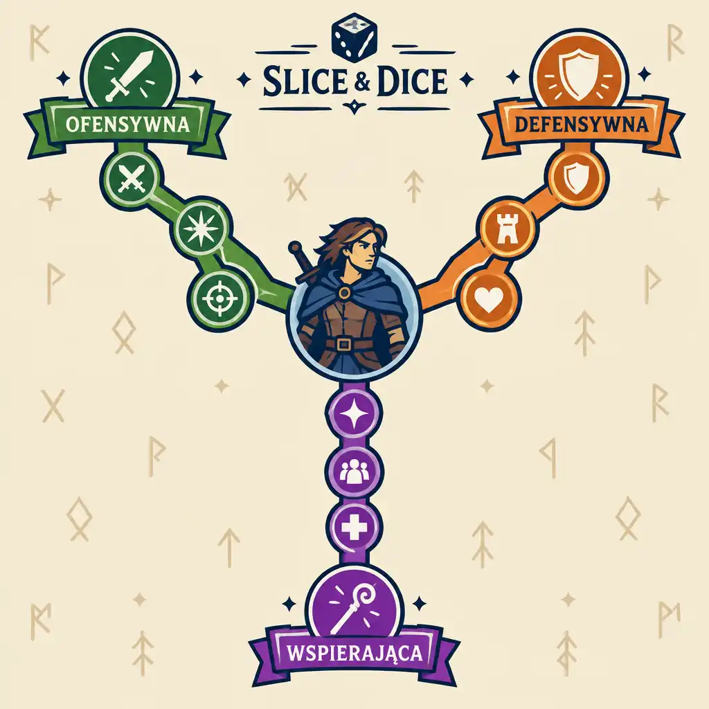 Diagram progresji klas w Slice & Dice: bohater w centrum z trzema ścieżkami — ofensywną, defensywną i wspierającą