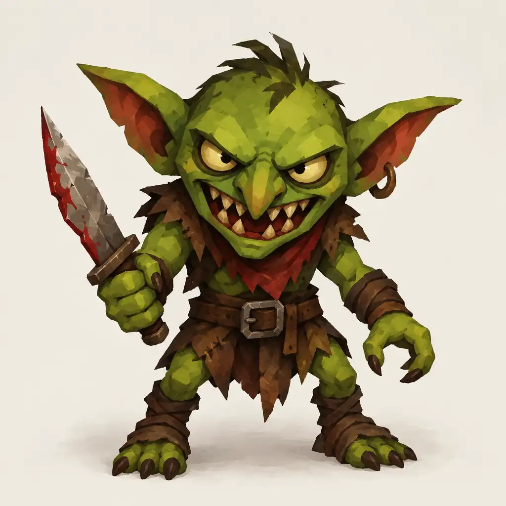 Goblin z ostrymi zębami trzymający sztylet